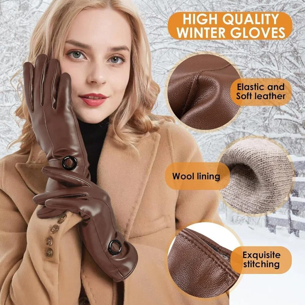 Women's Winter Leather Gloves Texting Warm Driving Lambskin Gloves Light Brown